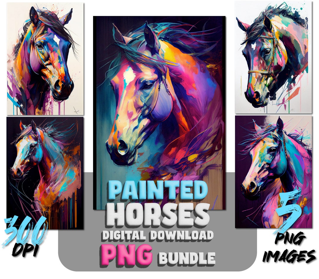 Painted Horse Portraits: 5 Horse PNG Images - Printable Wall Art Design ...