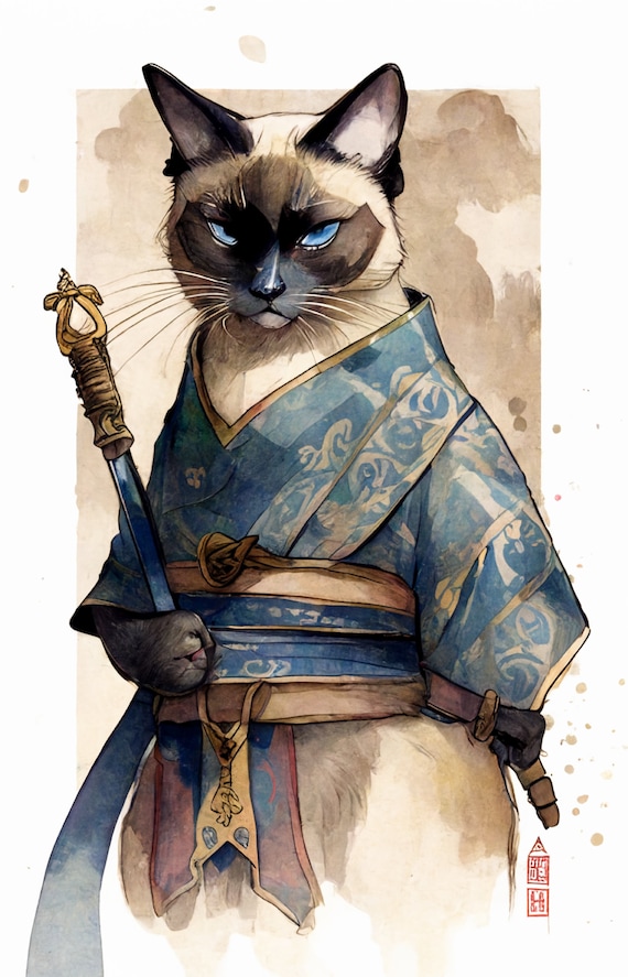 Samurai Siamese Cats Watercolor PNG - ilustrasi kucing samurai