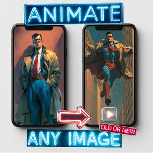 May include: Two smartphones displaying illustrations of a superhero. The left phone shows a man in a trench coat and glasses, while the right shows the same figure in a flying pose. Text reads "ANIMATE" and "ANY IMAGE" in neon blue.
