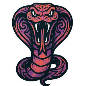 May include: A stylised illustration of a cobra with a red and purple colour scheme. The cobra is depicted with its hood raised and fangs bared, creating a menacing and powerful image.