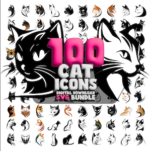 CAT Pack : 100 Cat Icon Logos au format SVG pour vos besoins de conception - Téléchargeable - Animal SVG Vector Graphics - Digital Download Pets