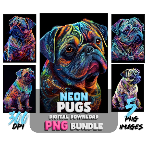 Retratos de Pug de neón: 5 imágenes PNG de perro Pug - Diseño de arte de pared imprimible - Gráficos PNG de arte canino - Descarga digital Mascotas