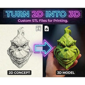 Pode incluir: Imagem mostrando a transformação de um conceito 2D em um modelo 3D. O texto diz "TURN 2D INTO 3D" e "Custom STL Files for Printing". O conceito 2D é um desenho em escala de cinza, o modelo 3D é uma escultura verde.