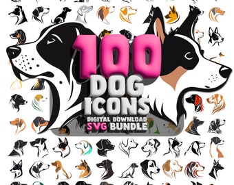 Könnte beinhalten: Eine Sammlung von 100 schwarzen und weißen Hunde-Kopf-Icons in verschiedenen Posen. Die Icons sind in einem Raster angeordnet und von einem rosa Banner mit dem Text "100 DOG ICONS DIGITAL DOWNLOAD SVG BUNDLE" umgeben.