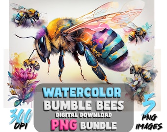Watercolor Bee with Flowers PNG, Bee Digital Clipart, Bee Sublimation PNG, Wall Decor Digital Download