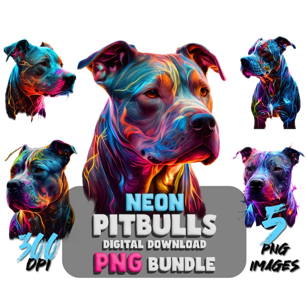 Neon Pitbull Portraits: 5 Pitbull Dog PNG Images - Printable wall art - Canine Art PNG Design Graphics - Digital Download Pets - Transparent