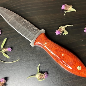 Puede incluir: Un cuchillo de acero de Damasco con un mango de madera pulida de color marrón rojizo. La hoja tiene un patrón distintivo. Pequeños remaches dorados aseguran el mango. Flores moradas secas están esparcidas alrededor del cuchillo.