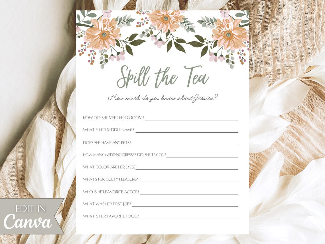Spill the Tea Bridal Shower Game, Bridal Shower Games, Spill the Tea