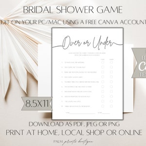 Over or Under Bridal Shower Game, Bridal Shower Games, Wedding Couples ...