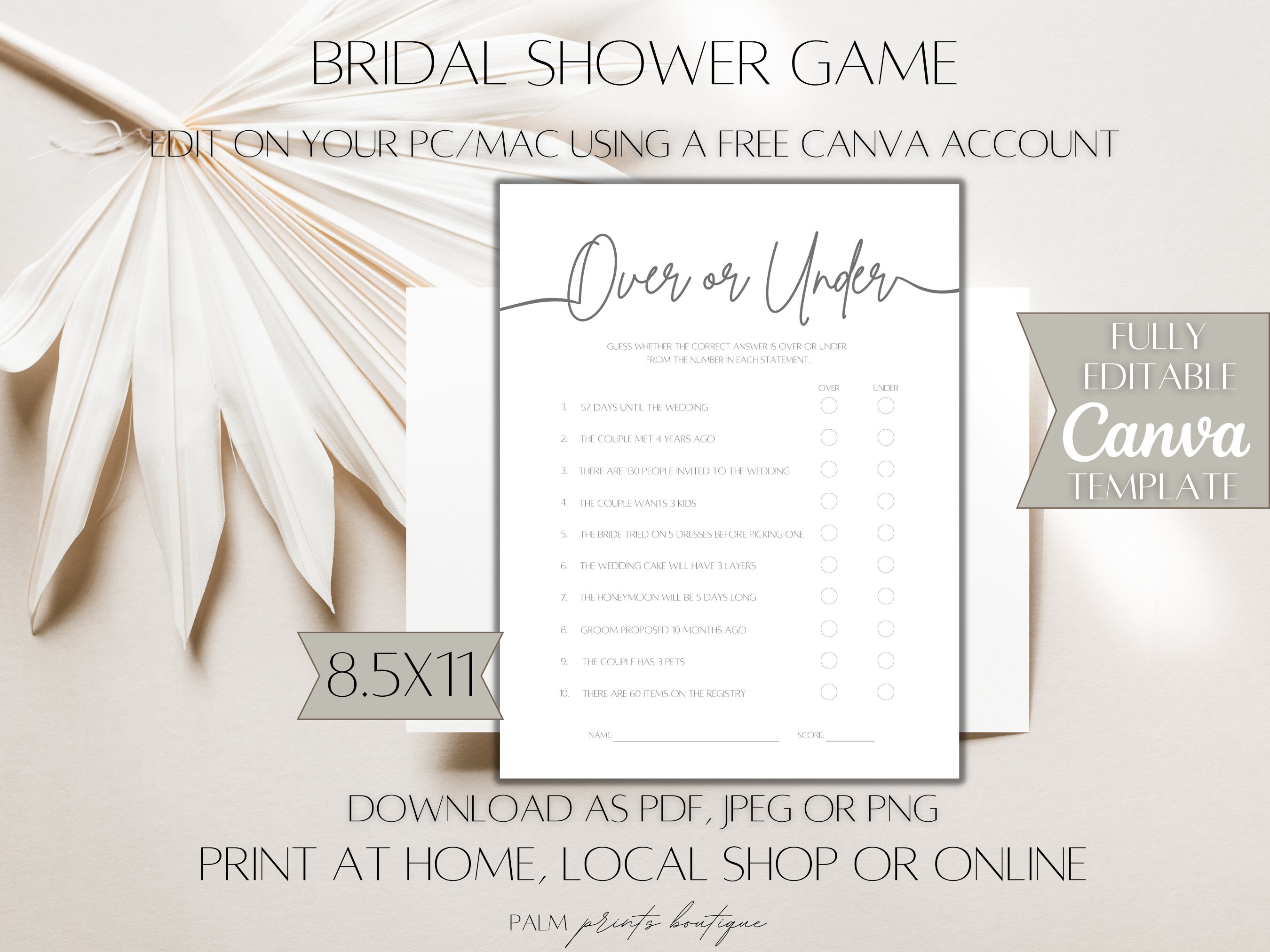 Over or Under Bridal Shower Game, Bridal Shower Games, Wedding Couples ...