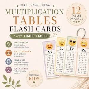 Op de afbeelding: Vermenigvuldigingstafels flashcards voor kinderen, met 1-12 tafels. De kaarten zijn gelamineerd en op een ring, met emoji-gezichten en de tekst "Feel, Calm, Grow". De kaarten zijn ontworpen om gemakkelijk te leren, zelfvertrouwen op te bouwen en duurzaam en leuk te zijn.