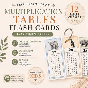 Op de afbeelding: Vermenigvuldigingstafels flashcards op een ring. Elke kaart toont een vermenigvuldigingstafel van 1 tot 12, met dierlijke illustraties. De kaarten zijn gelamineerd, waterbestendig en ontworpen om gemakkelijk om te slaan en te studeren. De tekst op de kaarten luidt "Feel, Calm, Grow".