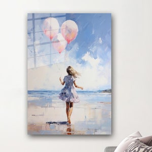 Girl with Pink Ballons Wall Decor, Pink Glass Wall, Girl Room Glass Wall, Holiday Decor, Modern Wall Decor, Large Canvas, Gift For Her,