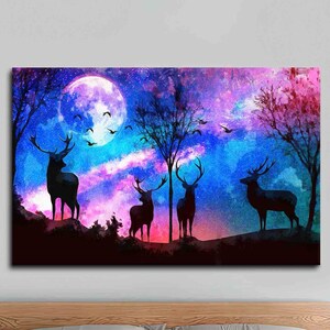 Lienzo 3D, Arte de pared 3D, Lienzo de arte de pared, Cartel de la luna, Decoración de lienzo del bosque, Lienzo de animales, Arte de cuatro ciervos, Impresión de lienzo abstracto,