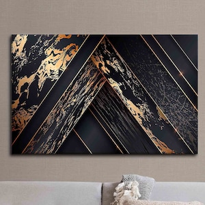 Arte de la pared de la sala de estar, lienzo 3D, arte de la pared, arte de la pared abstracta del oro negro, lienzo 3D negro, decoración del lienzo abstracto, cartel moderno,