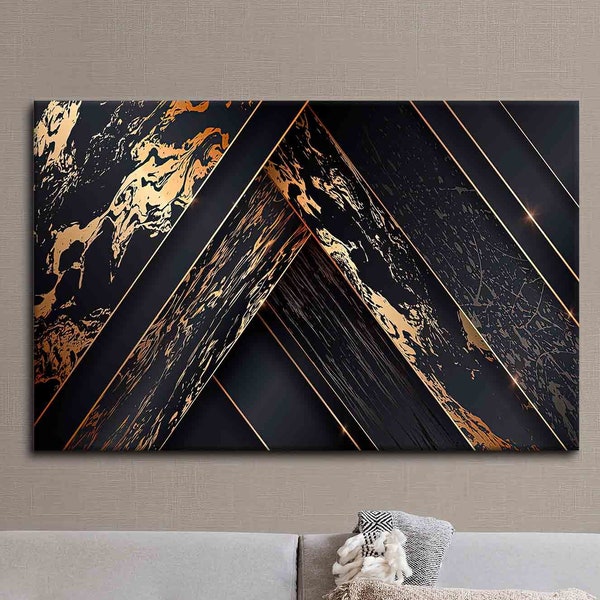 Living Room Wall Art, 3D Canvas, Wall Art, Black Gold Abstract Wall Art, Black 3D Canvas, Abstract Canvas Decor, Modern Poster,