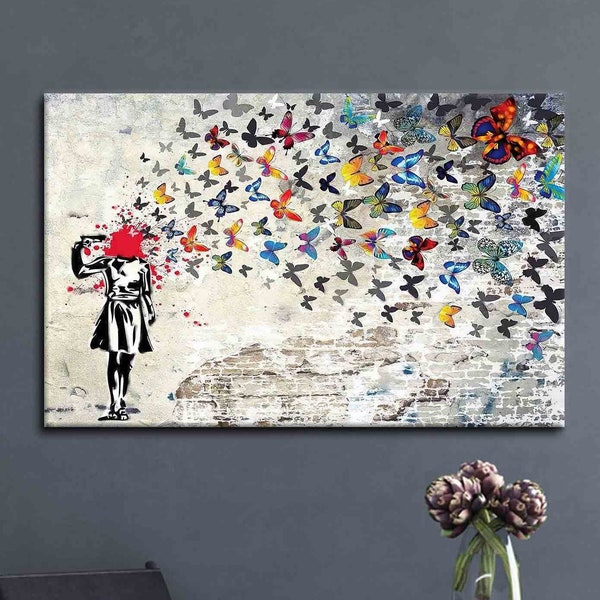 Canvas kunst aan de muur, kunst aan de muur woonkamer, canvas kunst, schilderij kunst canvas, Banksy meisje kunst canvas, Banksy Butterfly gedrukt,