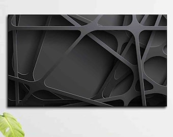 May include: Abstract black and white geometric wall art with a modern design. The artwork features a series of intersecting lines and shapes that create a sense of depth and dimension.