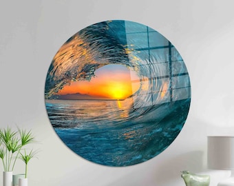 Tempered Glass Ocean Wave Wall Art: Sunset View