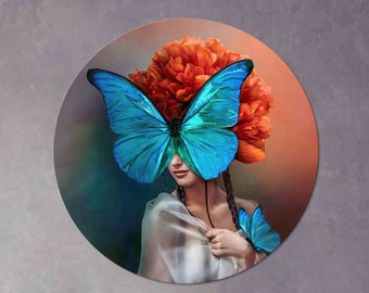 Blue Butterfly Tempered Glass Wall Art: Abstract Woman Decor