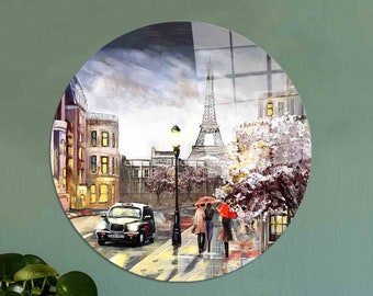 May include: A circular painting depicting a Parisian street scene with a black taxi, a couple walking under red umbrellas, and the Eiffel Tower in the background. The painting has a vintage, watercolor style.