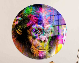 ストーンアート作品：チンパンジーの顔をリアルに描きました カラフルなチンパンジー強化ガラスウォールアート：抽象的な猿の