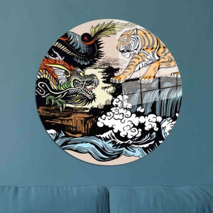Glass Wall Art Modern,Tempered Glass,Yin Yang Glass Wall,Large Glass Wall Art,Animal Glass,Dragon Vs Tiger Glass,