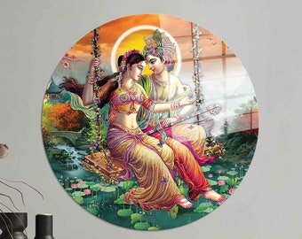 Handicraft Store Lord Radha Krishna with His Cow & Flute in Night at River End, a Decorative Religious Poster with Frame