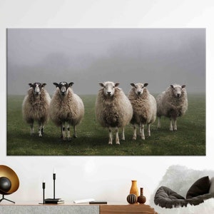Schaf im Nebel - Rustikaler Bauernhof Tierdruck, ländliche Landschaftsfotografie