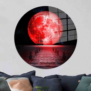 Glass Wall Decor, Wall Decor, Glass, Sea Landscape With Huge Red Moon, Red Moon Wall Art, View Glass Printing,