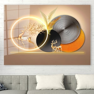 Abstract Art Decor, Abstract Deer Glass Printing, Gifts, Modern Glass Wall Art, Golden Deer Glass Printing, Personalized Gift, Deer Wall Art
