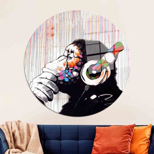 Glass Art, Glass, Wall Decor, Banksy Thinking Monkey, Dj Monkey Glass Wall Art, Thinking Monkey Glass, Street Wall Decoration,