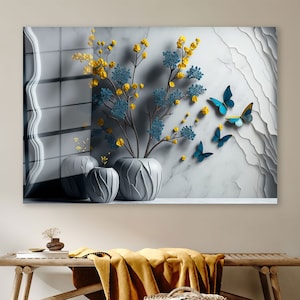Botanical Wall Art, Tempered Glass, Luxury Tempered Glass, Home Decor Art, Modern Wall Art, Flowers and Butterflies Glass Wall, Large Canvas