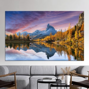 Decoración del hogar del lienzo, arte de la pared grande, lienzo grande, lienzo de arte de otoño, lienzo 3D del paisaje, cartel de la naturaleza, ver arte de la pared, lienzo 3D de los Dolomitas,