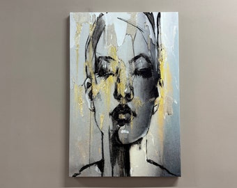 Décoration murale, impression sur toile, art mural 3D, visage de femme abstrait, décor de toile de portrait de femme, décor de toile de femme dorée, toile d’art contemporain,