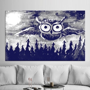 Regalo de lienzo, arte de pared, lienzo de arte de pared, arte de lienzo de animales, impresión de lienzo de búho azul marino, cartel de pájaro, impresión de lienzo abstracto,