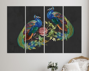 刺繍の孔雀のキャンバスプリント：モダンな抽象画の壁アート - Etsy 日本