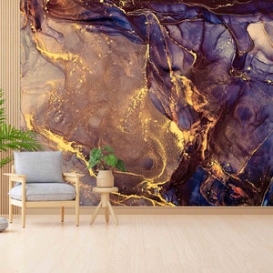 Purple and Gold Marble Wallpaper: Contemporary Wall Decor - Etsy