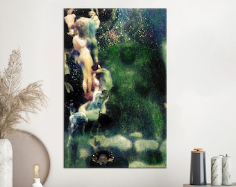 May include: A painting of a group of people in a forest setting. The figures are nude and appear to be dancing or interacting with each other. The background is a dark green with a starry sky. The painting is done in a style reminiscent of the Pre-Raphaelites.