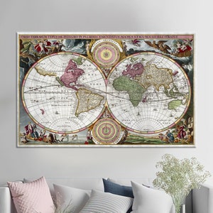 Tela 3D, Decorazione su tela, Tela grande, Decorazione da parete con mappa del mondo vintage, Tela 3D con vecchia mappa, Una nuova mappa del regalo su tela del mondo, Poster scolastico,