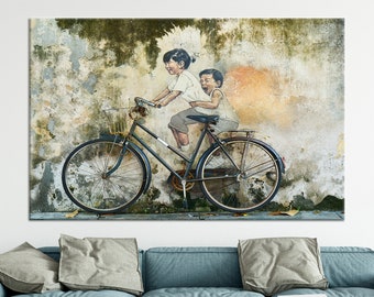 Canvas Decor, Living Room Wall Art, Wall Art, Penang Malaysia Canvas Gift, Children On Bike Wall Art, Contemporary Printed,