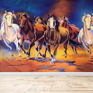 Papel de pared moderno, arte de pared de papel, impresión de pared de caballos corriendo, mural abstracto, papel de pared personalizado, póster de pared de caballos,