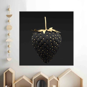 Black And Gold Strawberry, Black And Gold Canvas Decor, Canvas Gift, Custom Wall Decor, Canvas Print, Black And Gold Strawberry Poster,