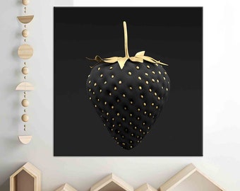 May include: A black strawberry with gold accents on a black background. The strawberry is a 3D rendering and has a shiny, metallic finish.