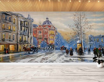 Mural de papel pintado con paisaje urbano invernal - Arte de pared autoadhesivo