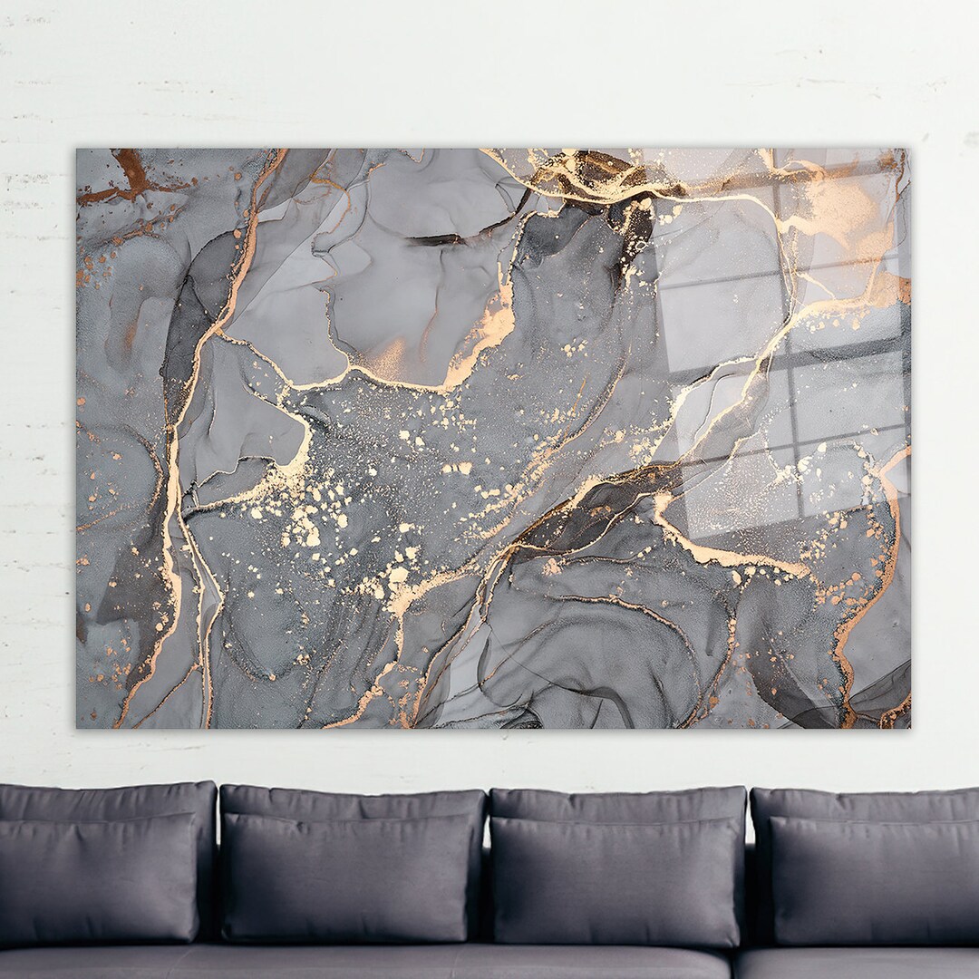 Glass Wall Art, Glass Art, Wall Art, Gray and Gold Marble, Abstract
