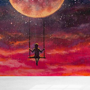 Carta da parati 3D, Carta da parati moderna, Ragazza che dondola su un'altalena sulla luna piena, Arte da parete con carta Murale Luna rossa, Arte da parete astratta con luna,
