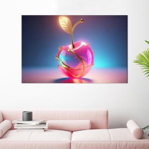 May include: A vibrant, digitally rendered image of a stylized cherry. The cherry is a glossy pink with gold accents, a gold stem, and a gold leaf. The background transitions from blue to pink.