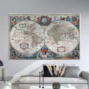 Grande toile, grand art mural, décor mural, décor de toile de carte ancienne, art mural de carte, art mural de carte vintage, illustration de carte du vieux monde,