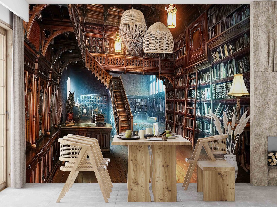 Books Lover Gift Wall Art Wall Paper Peel and Stick Library Etsy